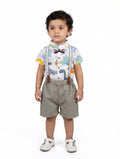 White and Blue Print suspender suit| Kidzaar