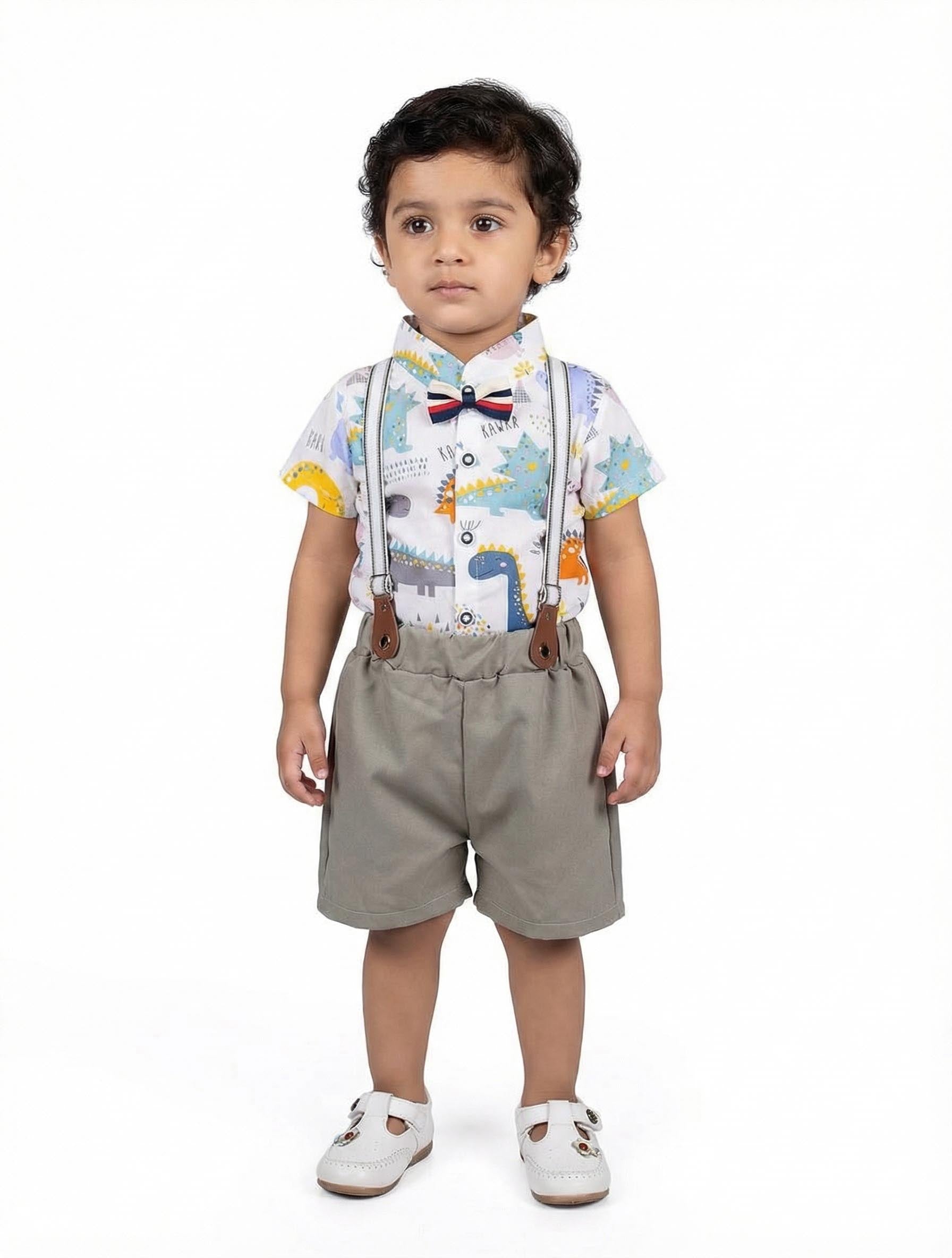 White and Blue Print suspender suit| Kidzaar