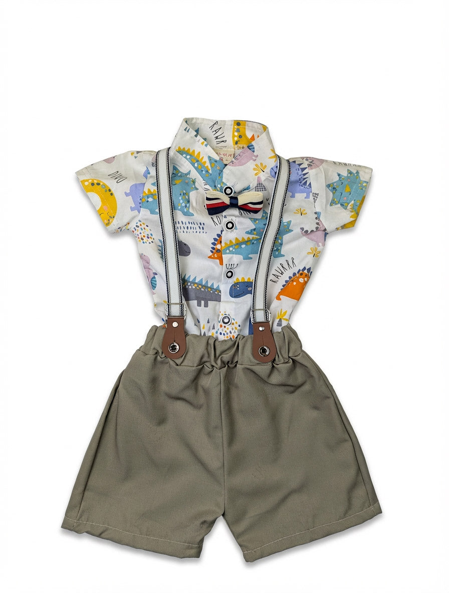 White and Blue Print suspender suit| Kidzaar