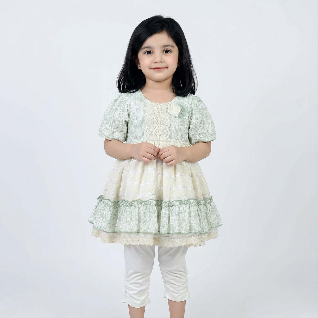Light Green & Golden White Baby Girl Frock with White Pajama