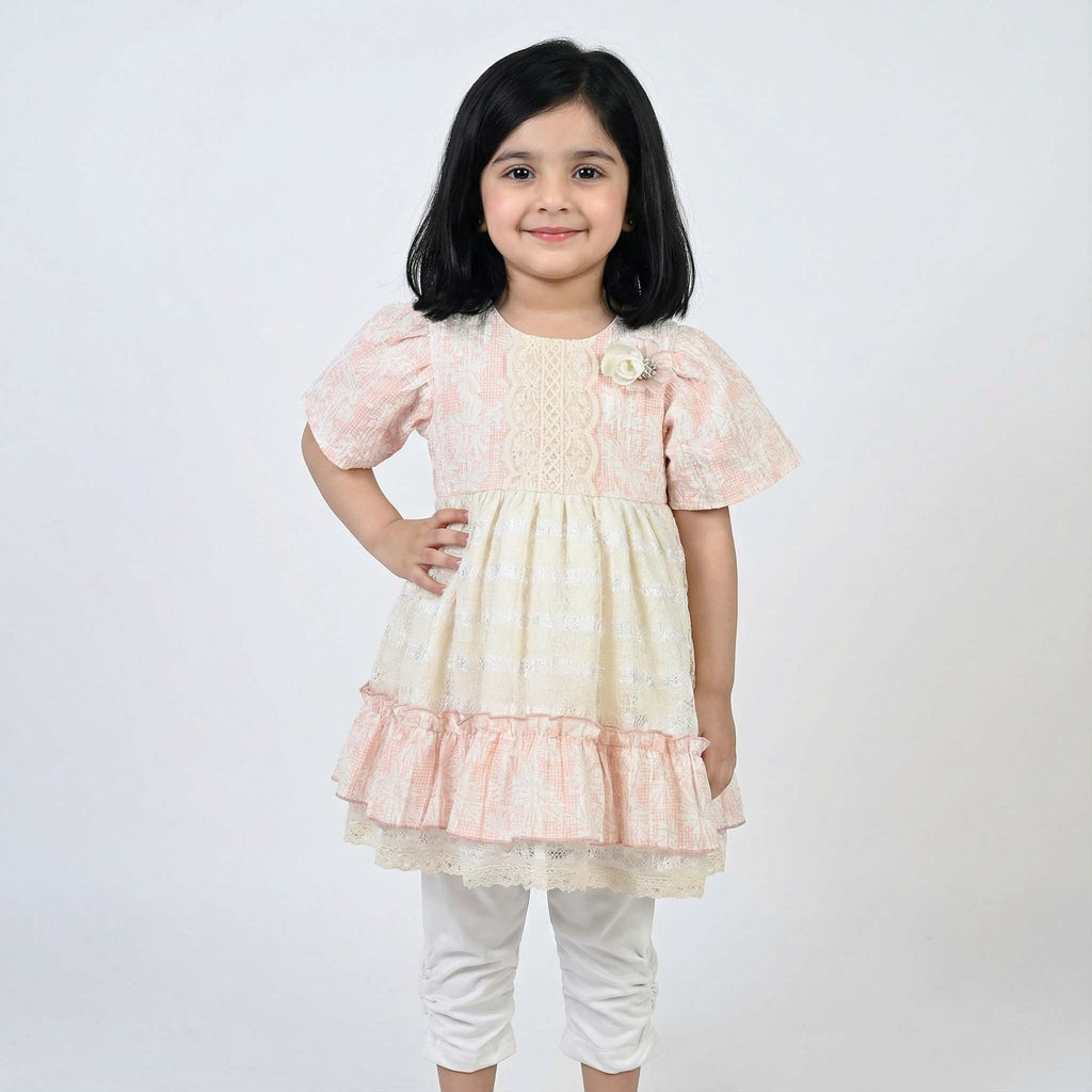 Light Green & Golden White Baby Girl Frock with White Pajama