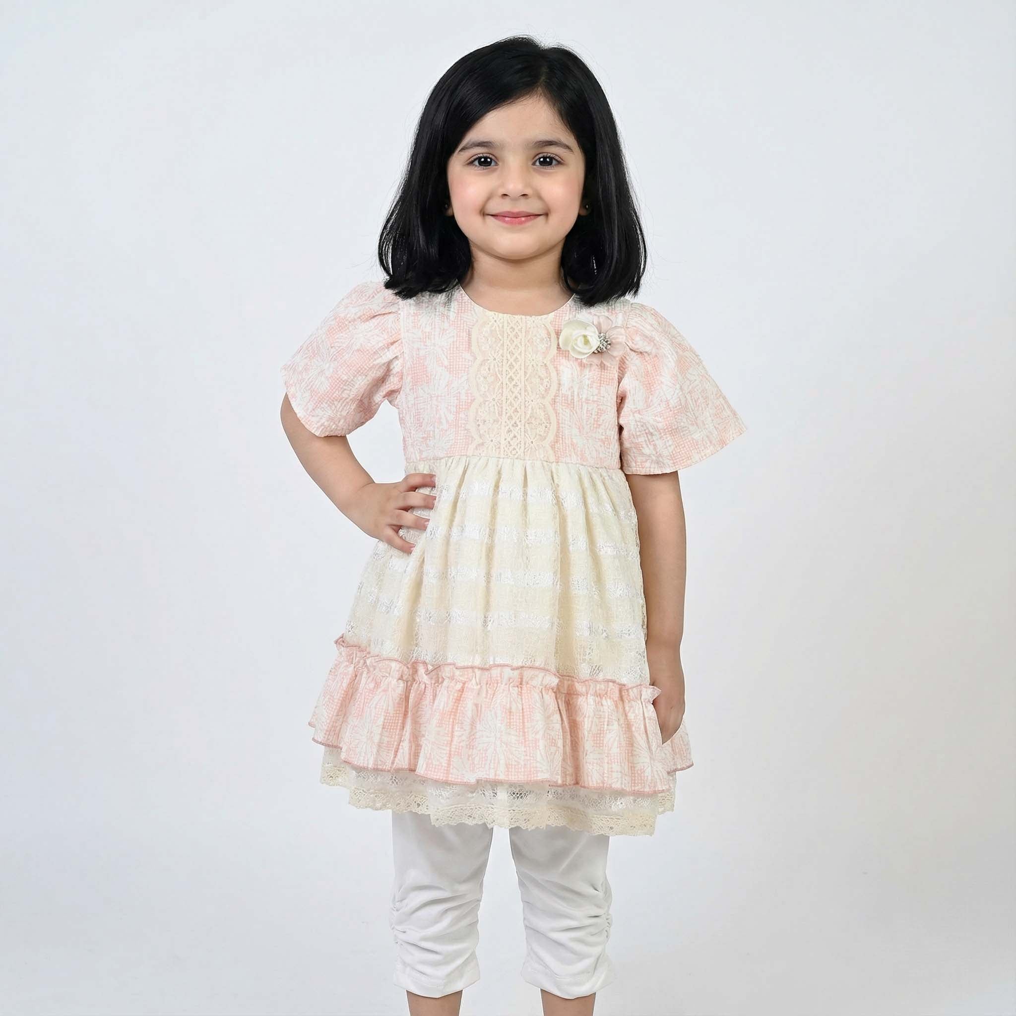 Light Green & Golden White Baby Girl Frock with White Pajama