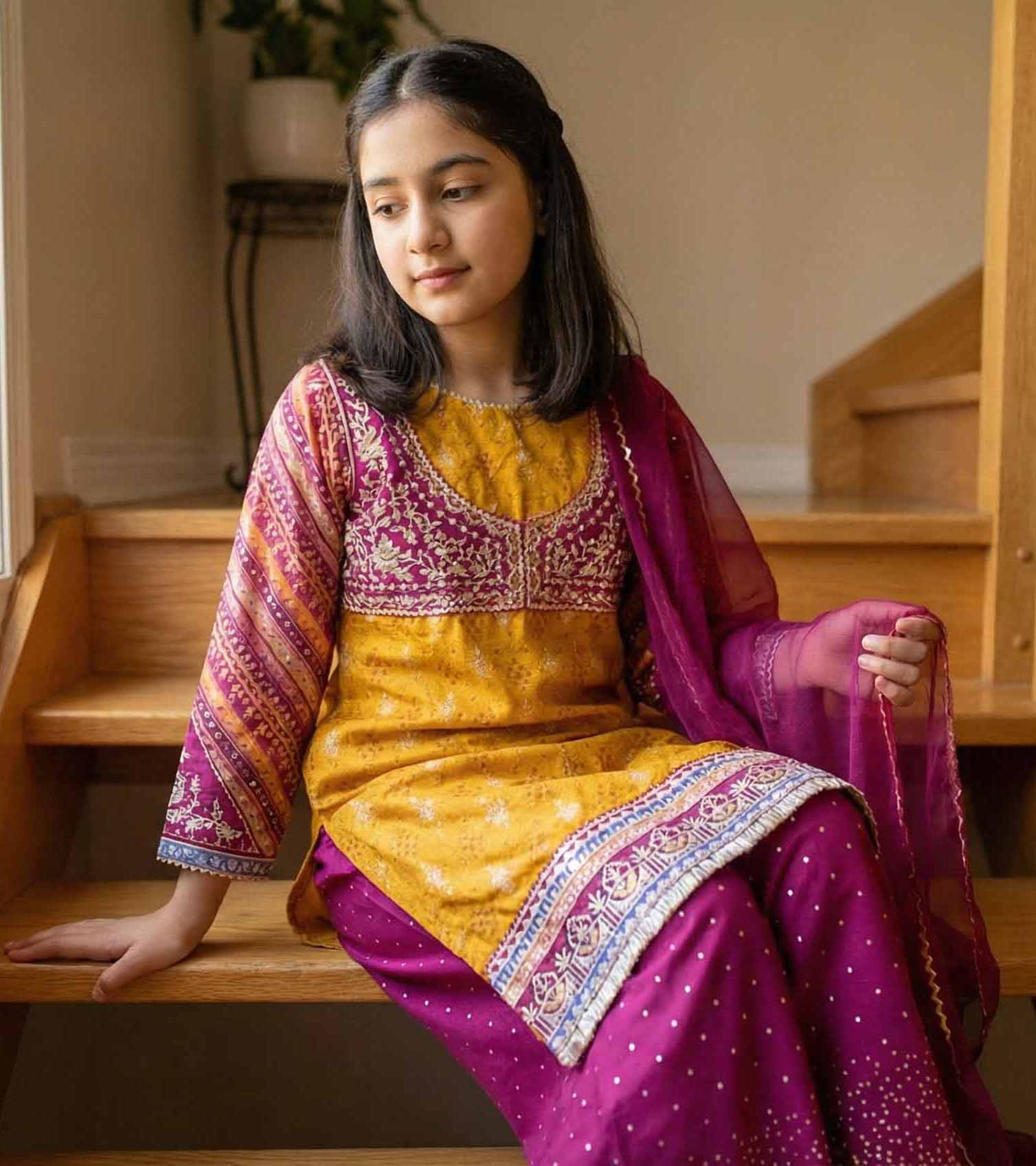 Girls Mustard & Soft Wine Magenta Printed Cotton  Ethnic Suit with Dupatta