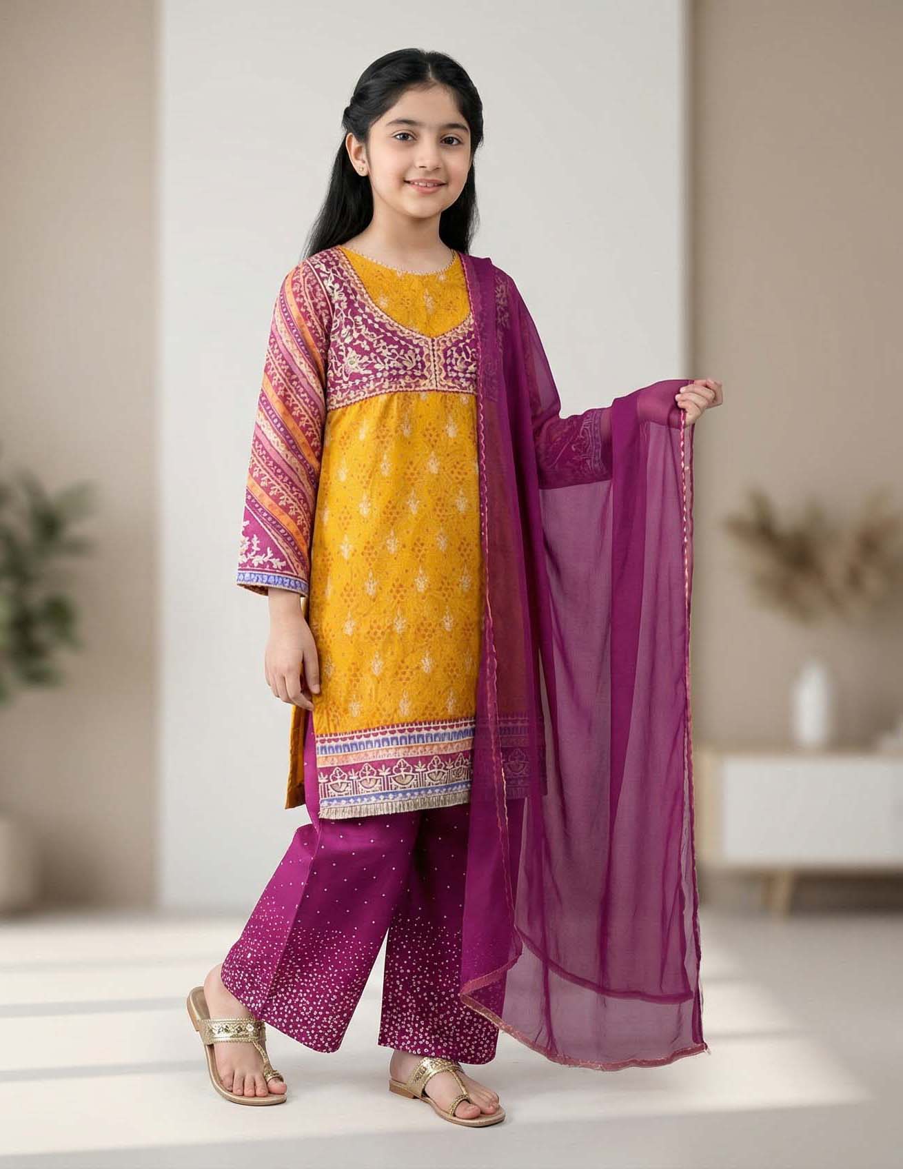Girls Mustard & Soft Wine Magenta Printed Cotton  Ethnic Suit with Dupatta