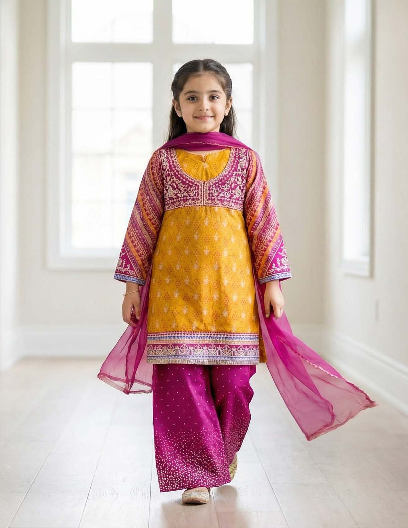 Girls Mustard & Soft Wine Magenta Printed Cotton  Ethnic Suit with Dupatta