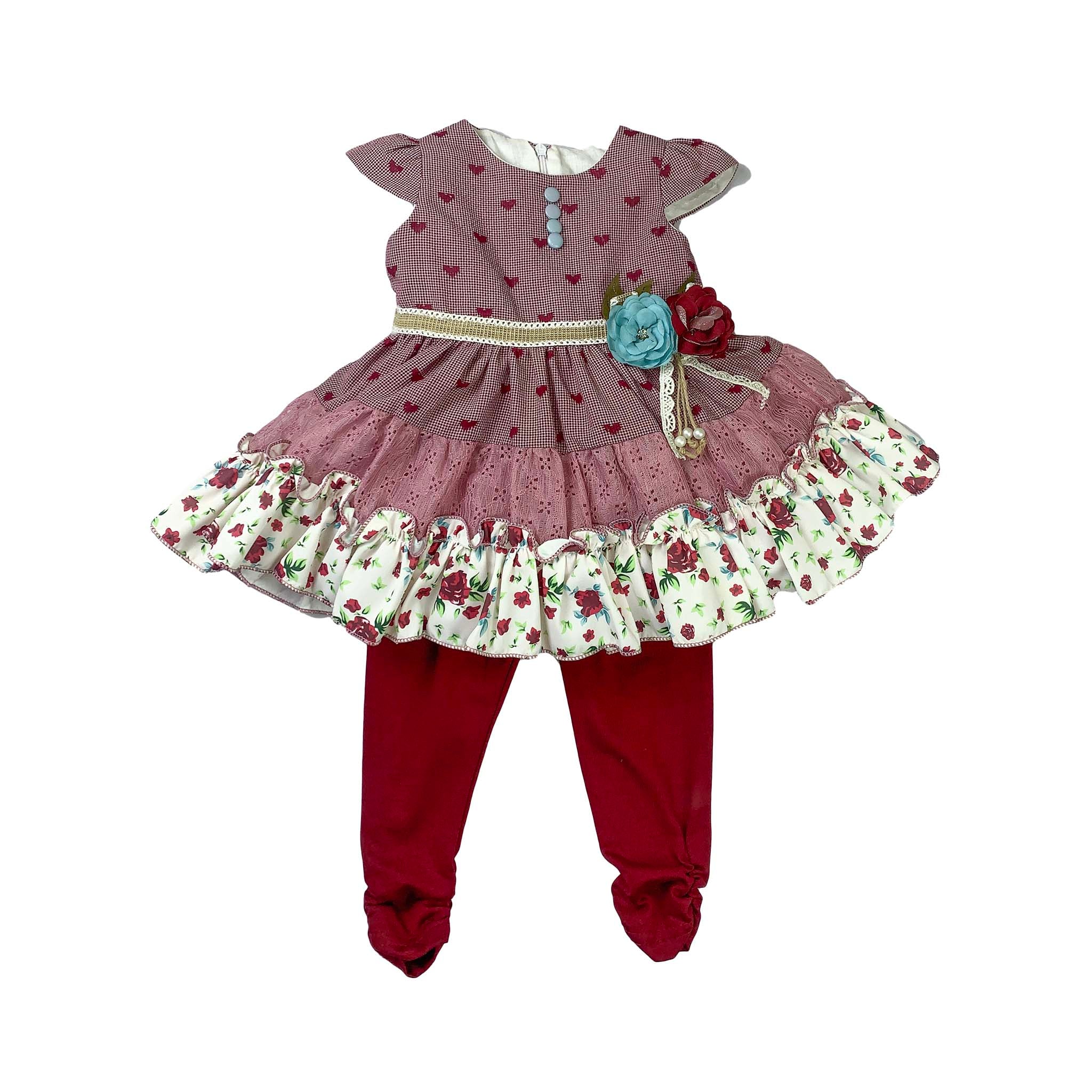 Maroon Floral Frock with Red Pajama