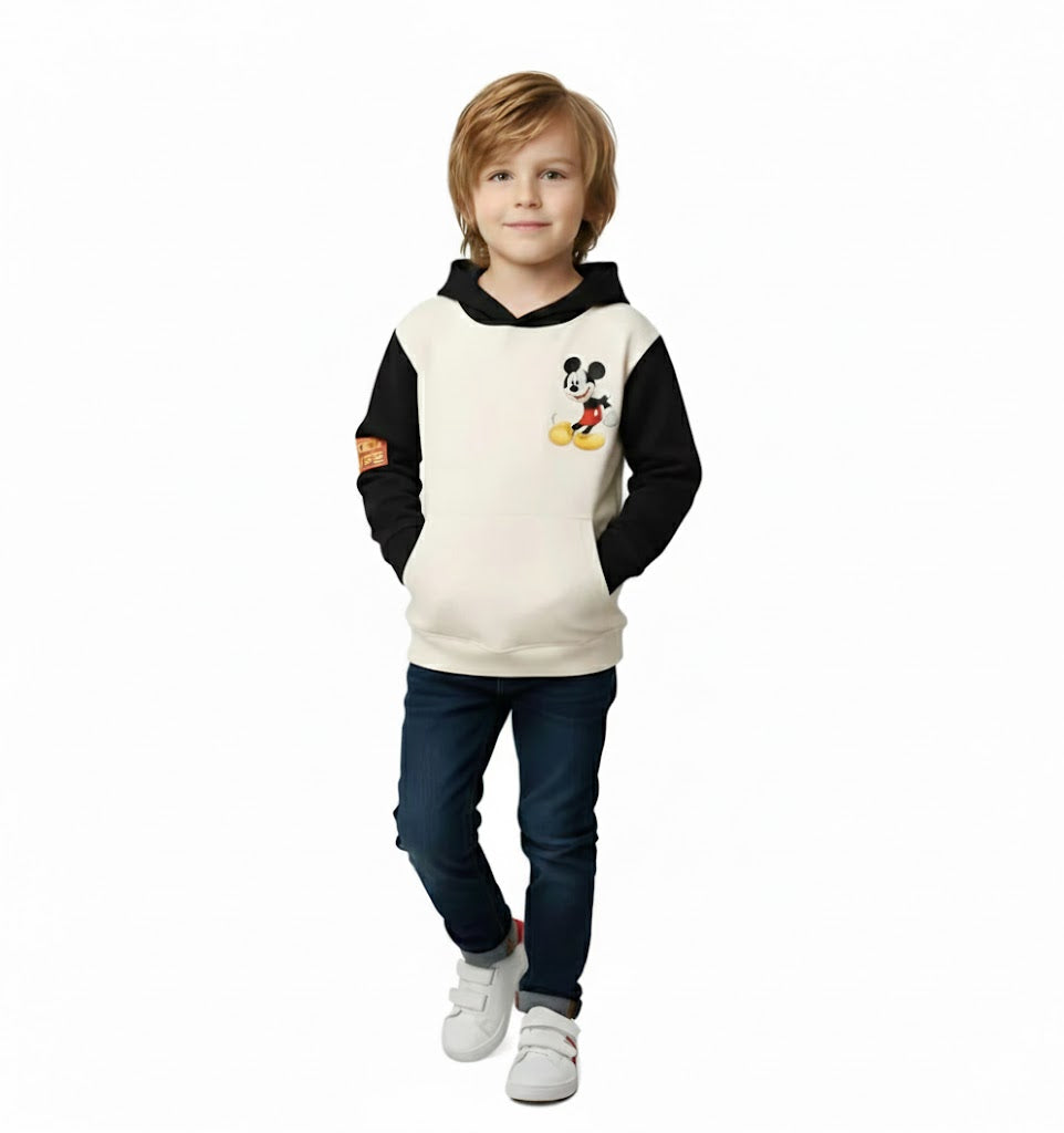 Boys Mickey Mouse Hoodie – Cream & Black Warm Cotton Sweatshirt