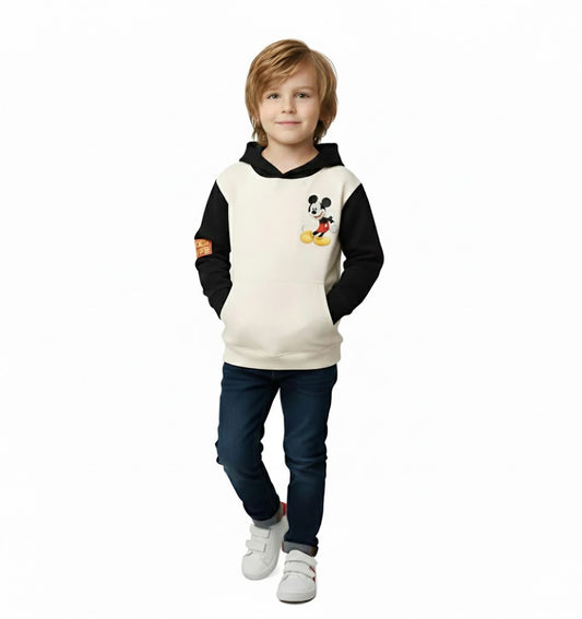 Boys Mickey Mouse Hoodie – Cream & Black Warm Cotton Sweatshirt