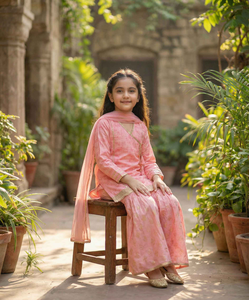 Girls Pastel Pink Cotton Ethnic Suit with Dupatta – Festive & Summer Wear | Kidzaar