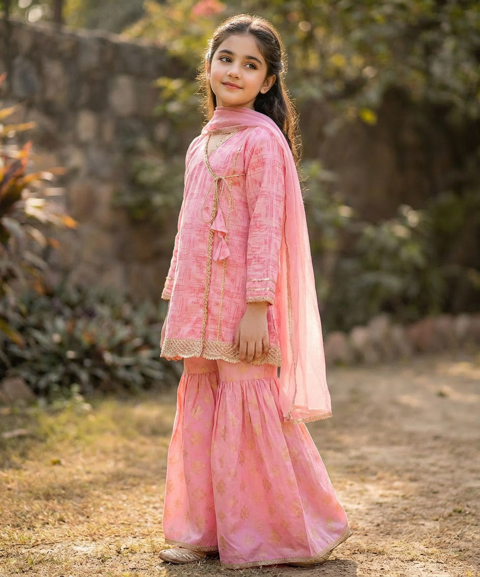 Girls Pastel Pink Cotton Ethnic Suit with Dupatta – Festive & Summer Wear | Kidzaar
