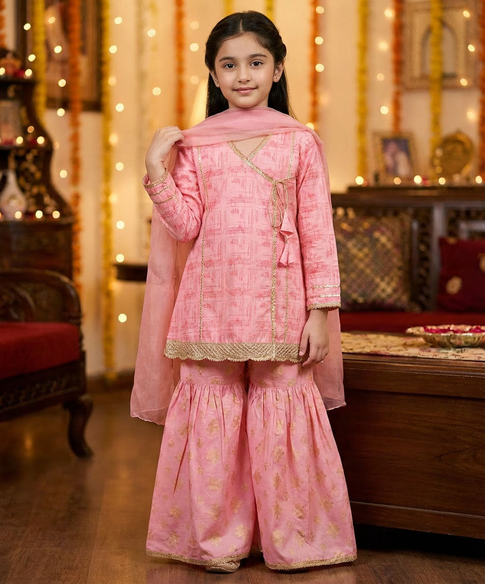 Girls Pastel Pink Cotton Ethnic Suit with Dupatta – Festive & Summer Wear | Kidzaar