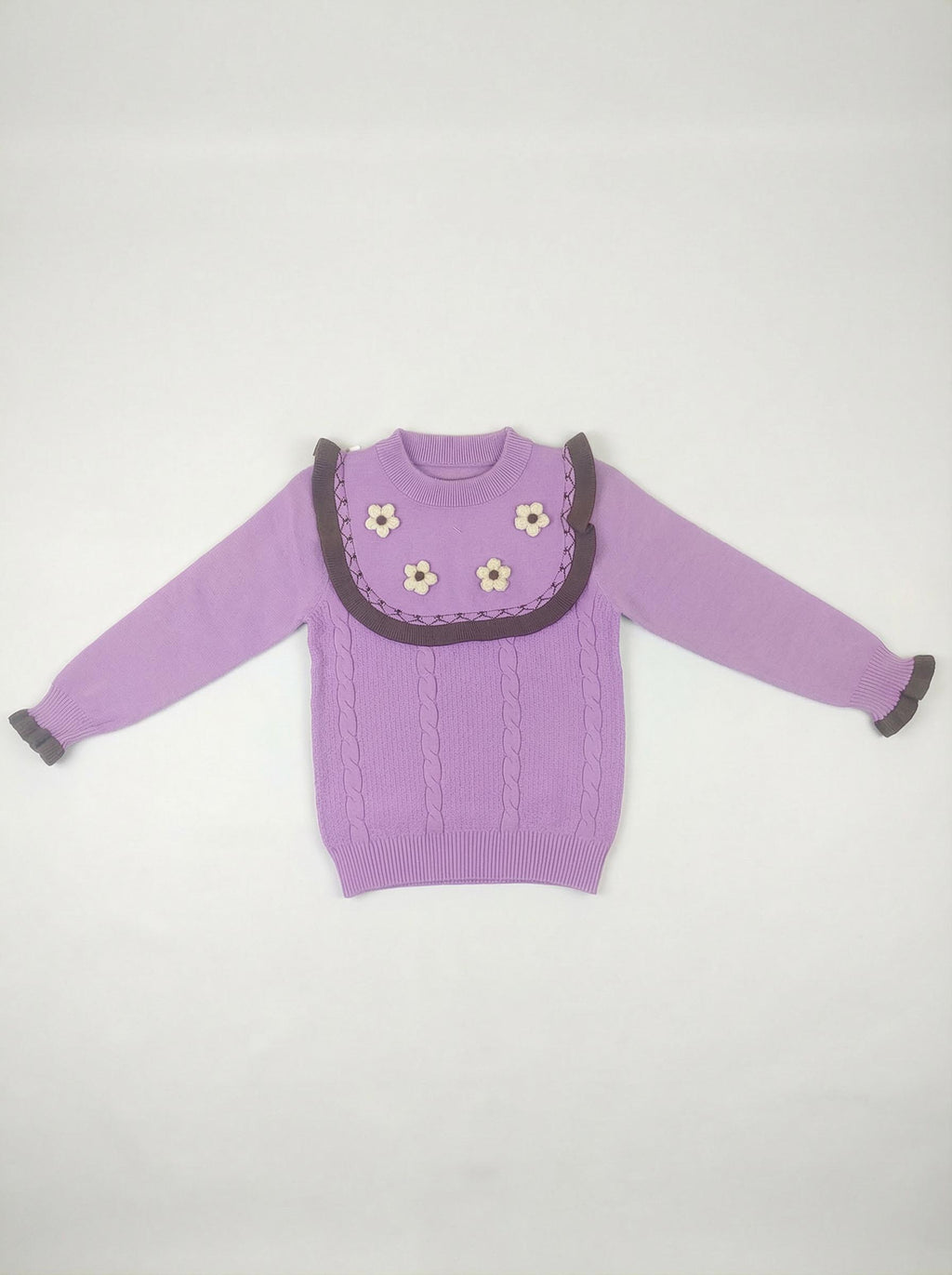 Purple Knit Sweater for Girls | Floral Detail Winter Top