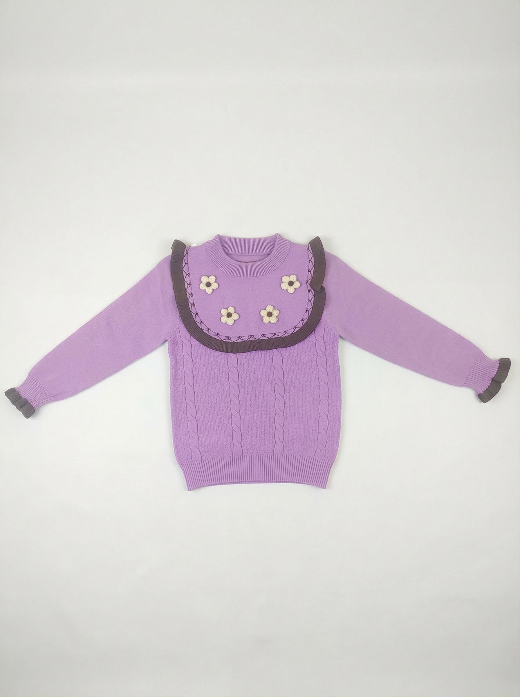 Purple Knit Sweater for Girls | Floral Detail Winter Top