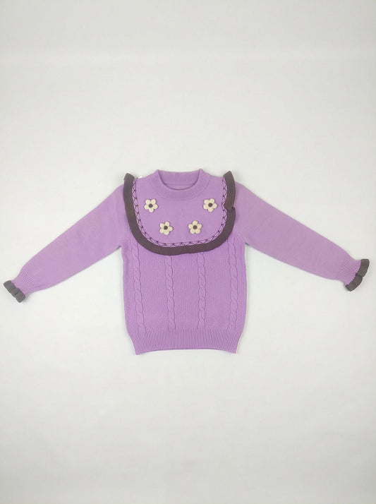 Purple Knit Sweater for Girls | Floral Detail Winter Top