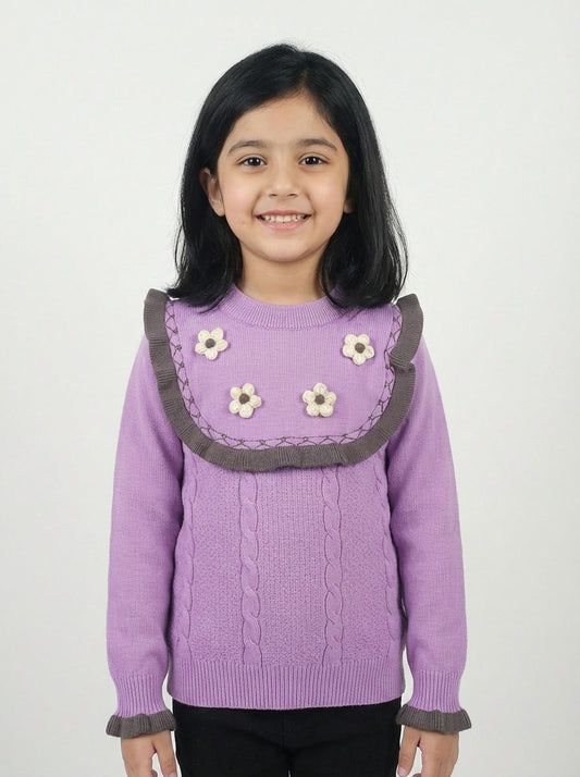 Purple Knit Sweater for Girls | Floral Detail Winter Top