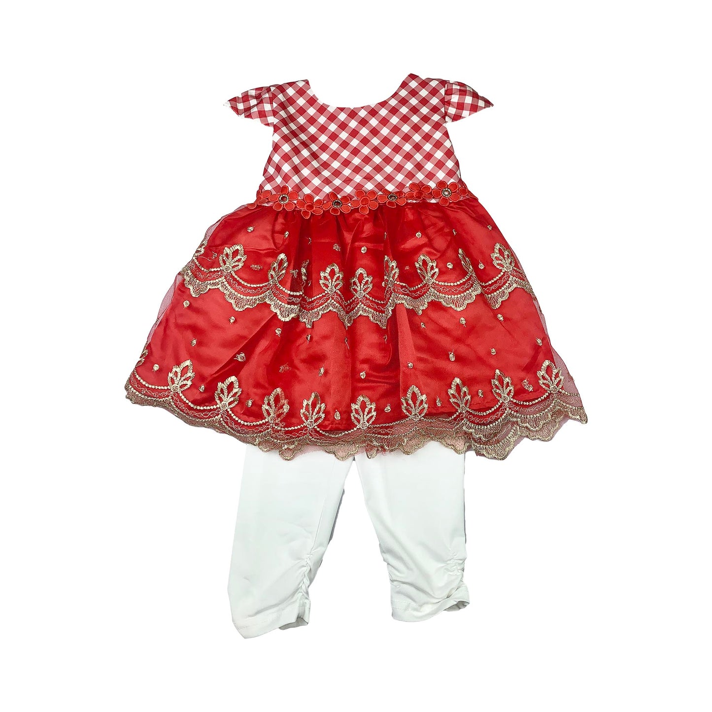 Red Embroidered Frock with White Pajama for Baby Girls