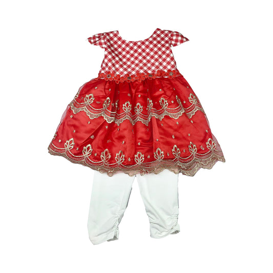 Red Embroidered Frock with White Pajama for Baby Girls