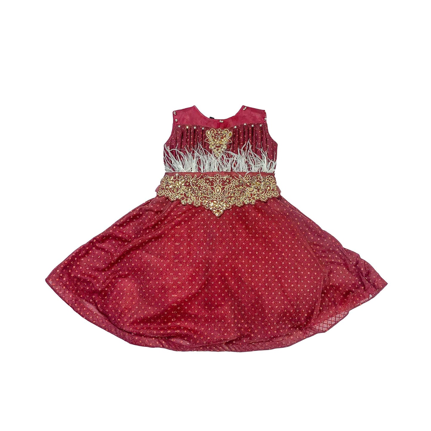 Maroon  Net Frock for Girls with Golden Embroidery & Feather Design