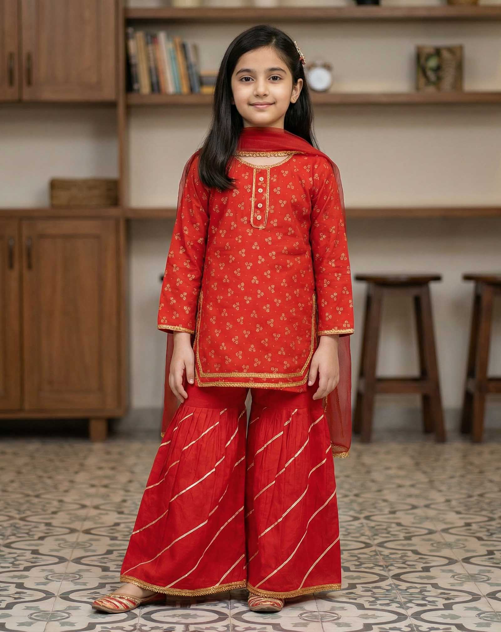 Girls Red Cotton Ethnic Suit with Dupatta – Festive & Summer Wear | Kidzaar