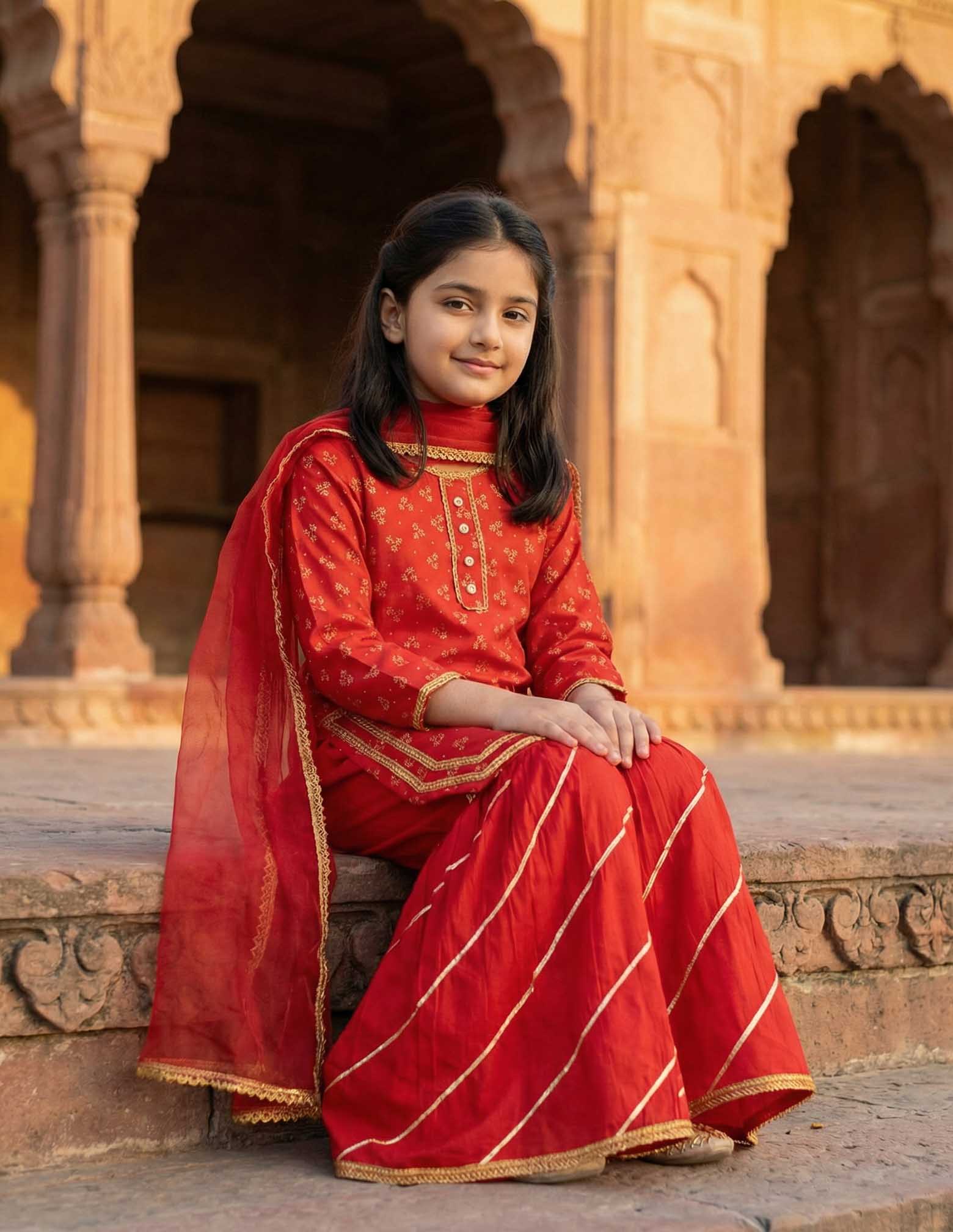 Girls Red Cotton Ethnic Suit with Dupatta – Festive & Summer Wear | Kidzaar