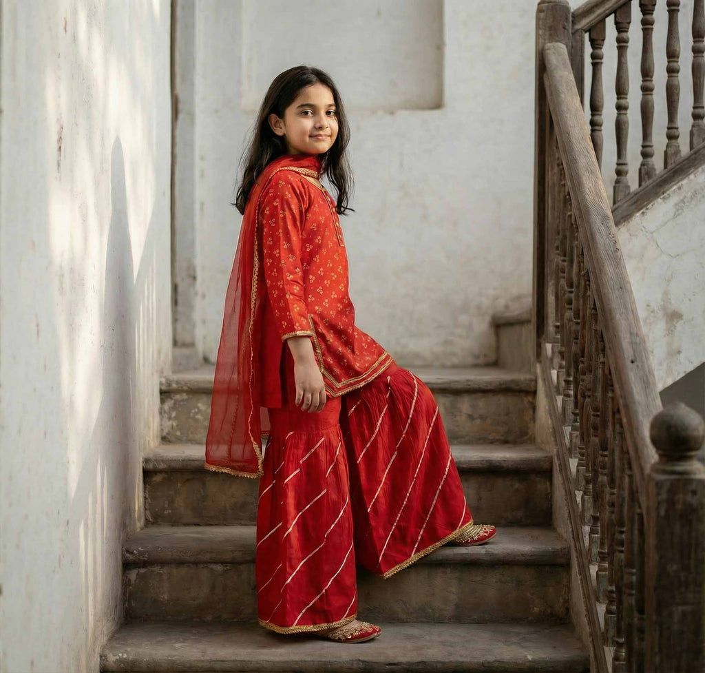 Girls Red Cotton Ethnic Suit with Dupatta – Festive & Summer Wear | Kidzaar