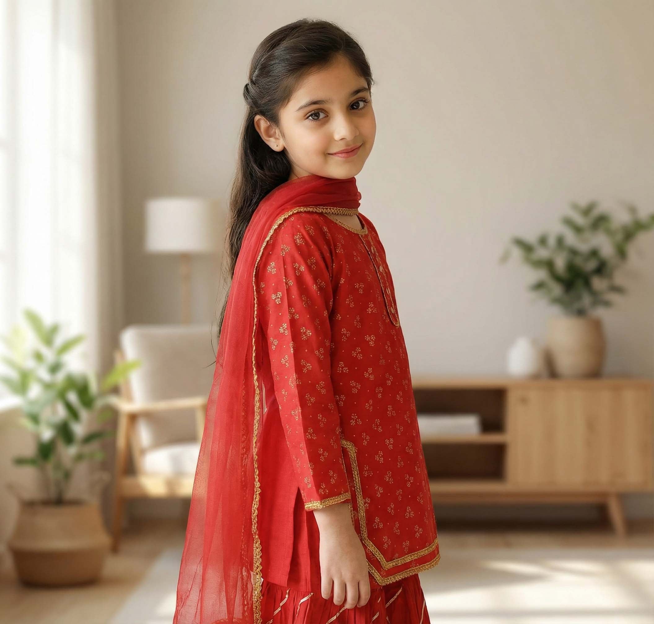 Girls Red Cotton Ethnic Suit with Dupatta – Festive & Summer Wear | Kidzaar