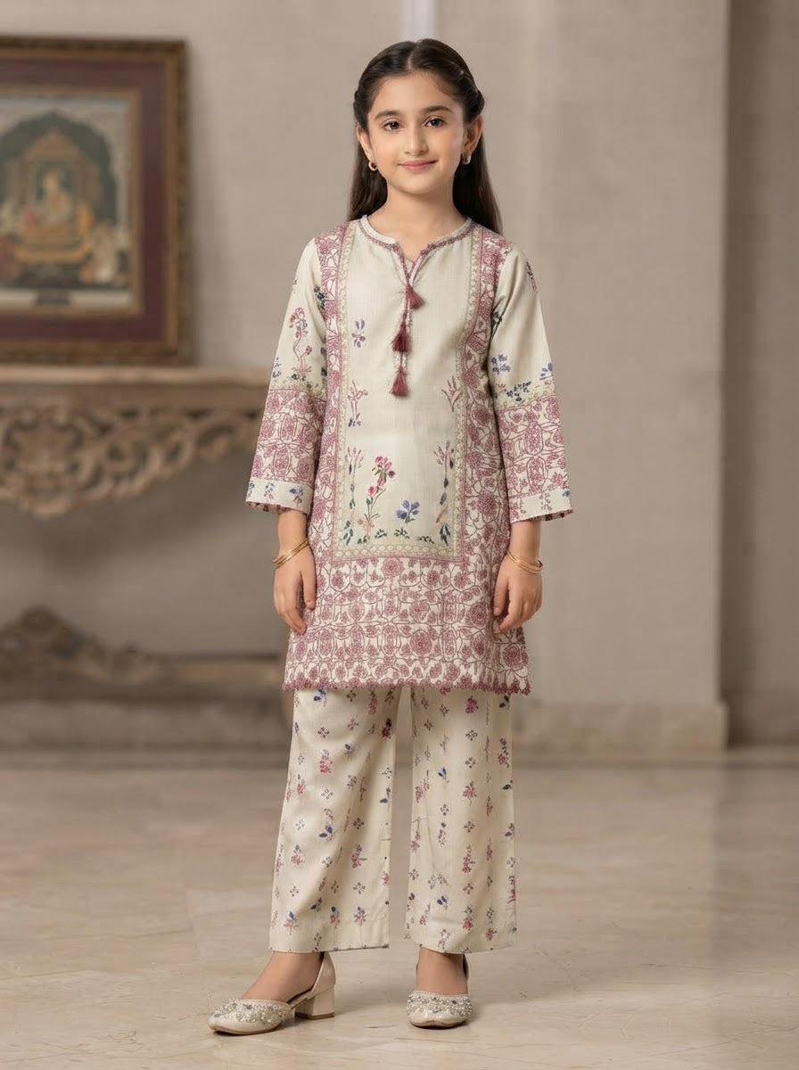 Girls Printed 2-Piece Cotton Suit – Cream & Blue |Kidzaar