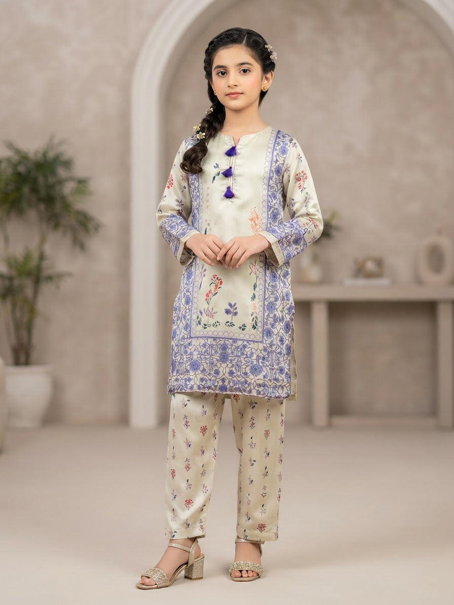 Girls Printed 2-Piece Cotton Suit – Cream & Blue |Kidzaar