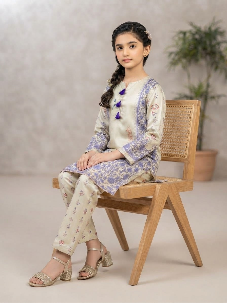Girls Printed 2-Piece Cotton Suit – Cream & Blue |Kidzaar