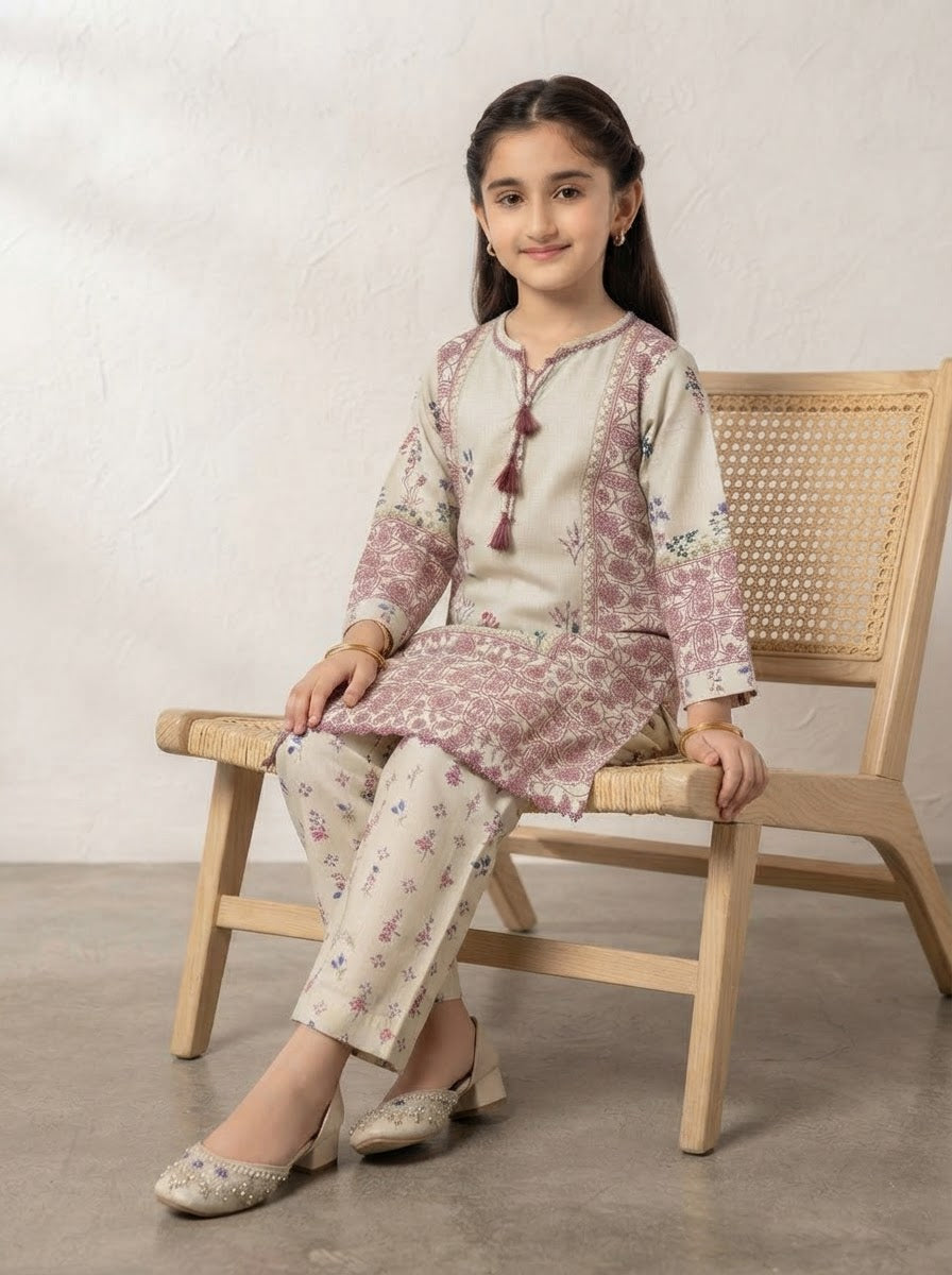 Girls Printed 2-Piece Cotton Suit – Cream & Blue |Kidzaar