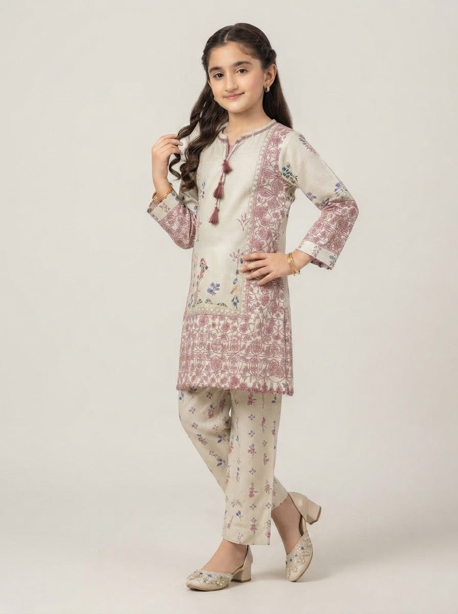 Girls Printed 2-Piece Cotton Suit – Cream & Blue |Kidzaar