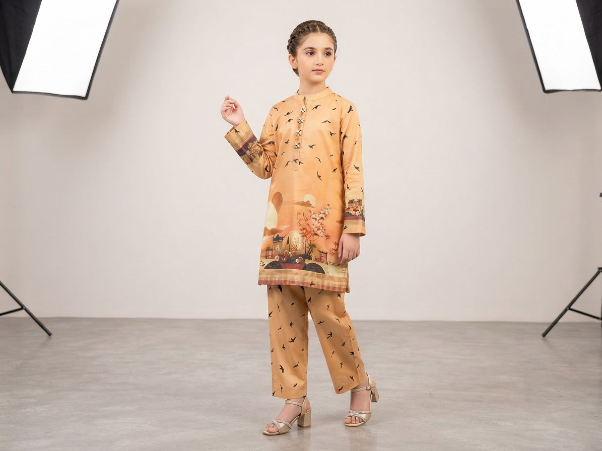 Girls Mint Green Printed 2-Piece Kurta Trouser Set