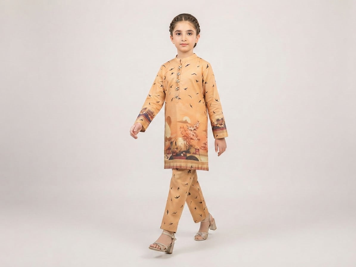Girls Mint Green Printed 2-Piece Kurta Trouser Set