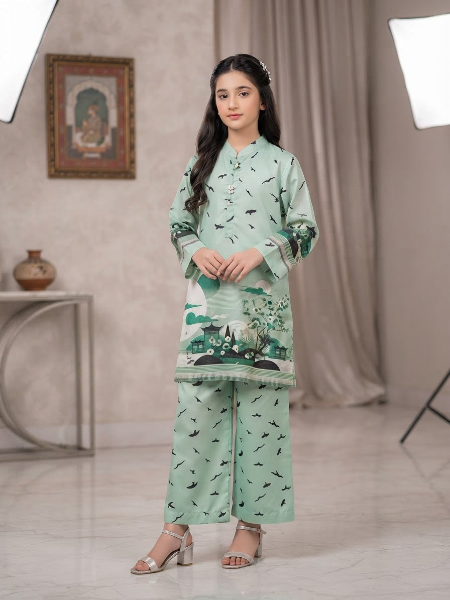 Girls Mint Green Printed 2-Piece Kurta Trouser Set