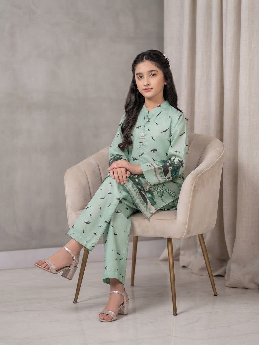 Girls Mint Green Printed 2-Piece Kurta Trouser Set