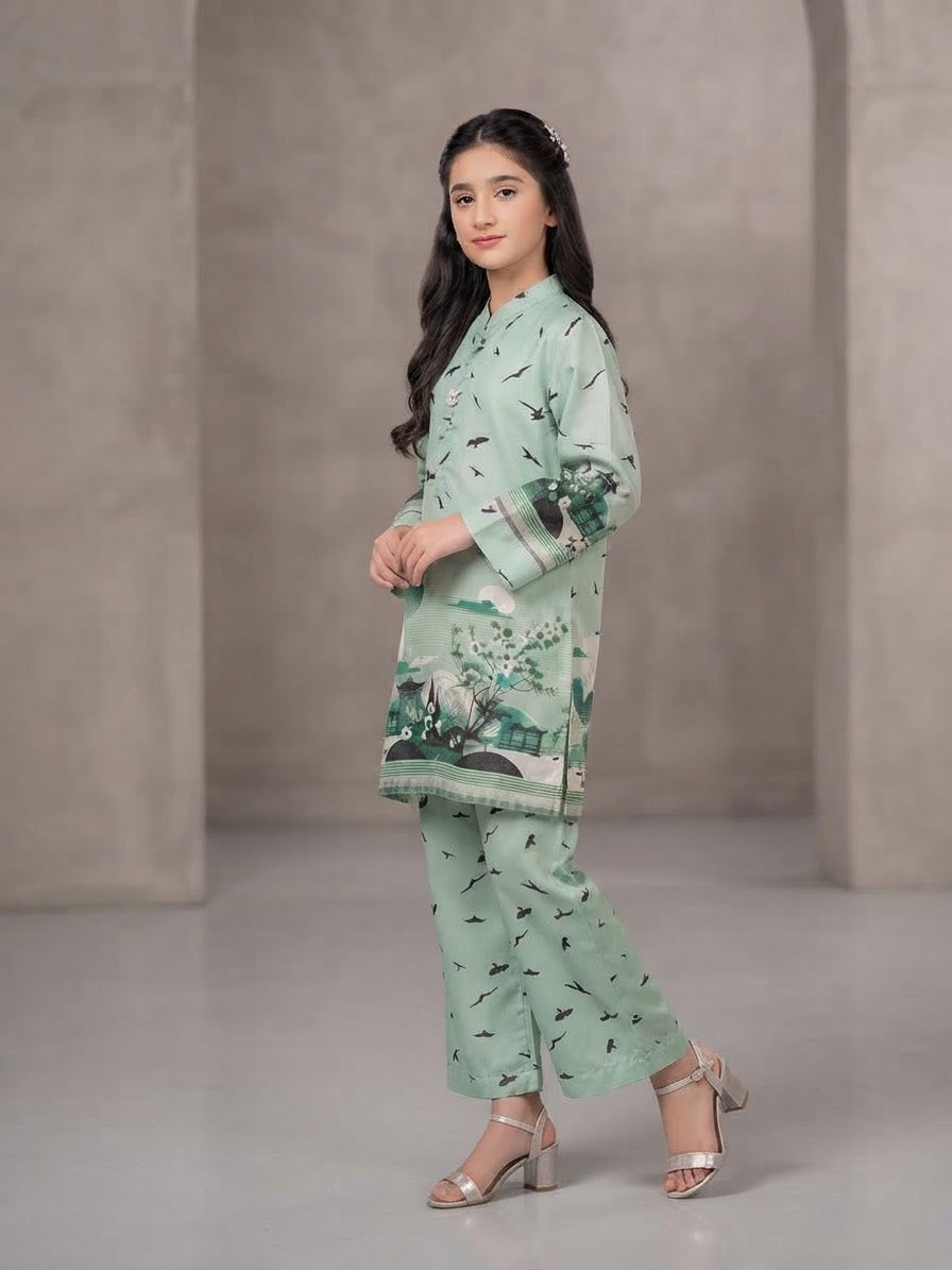 Girls Mint Green Printed 2-Piece Kurta Trouser Set