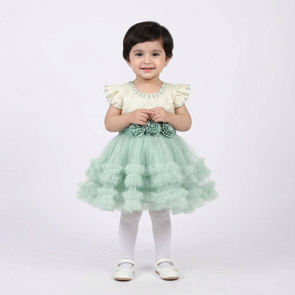 Baby Girl Frock in Cream & Pista Green