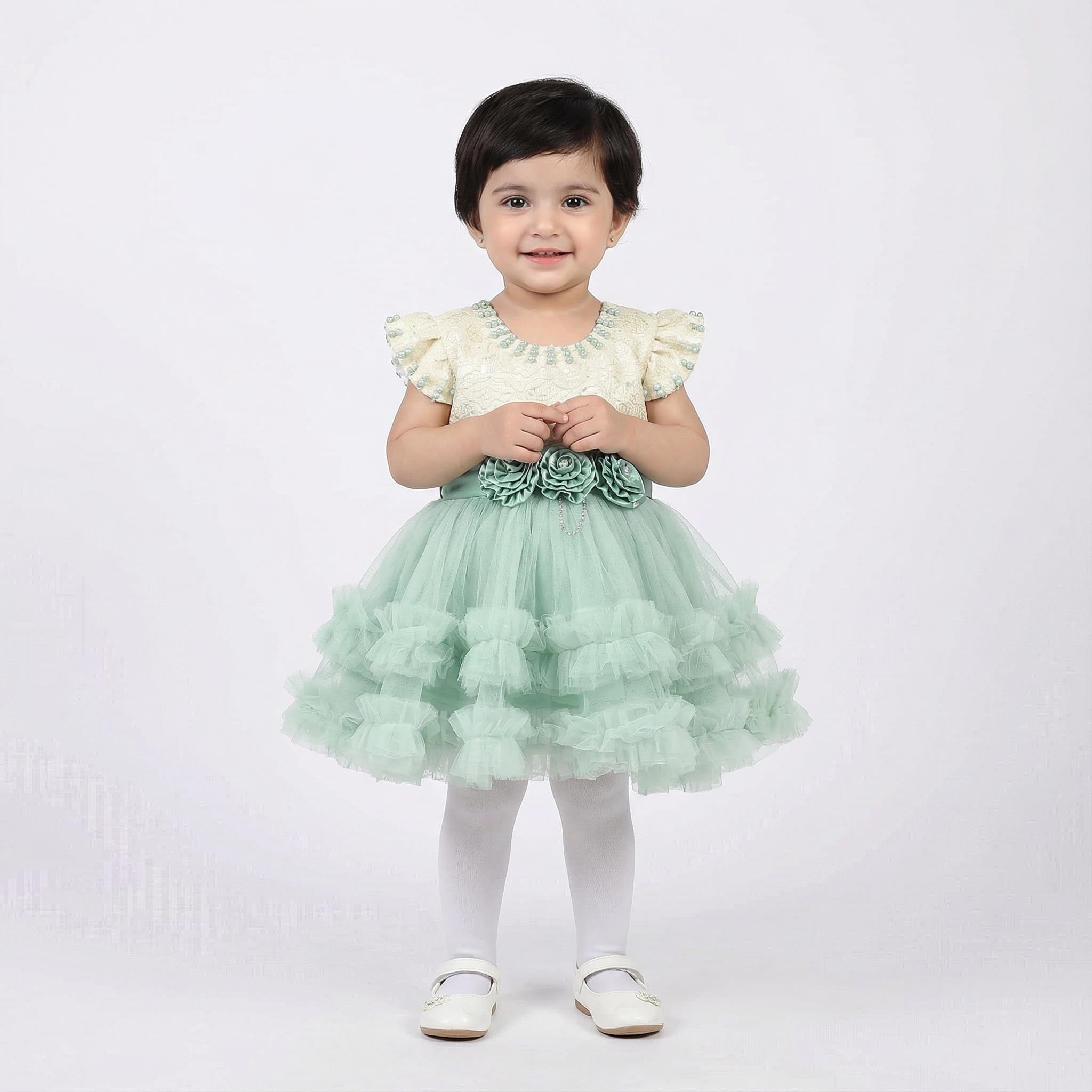 Baby Girl Frock in Cream & Pista Green