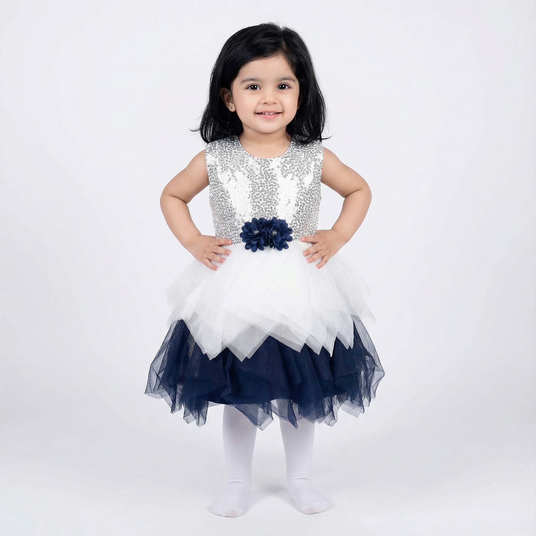 White & Navy Blue Frock with Sequin Work for Baby Girls