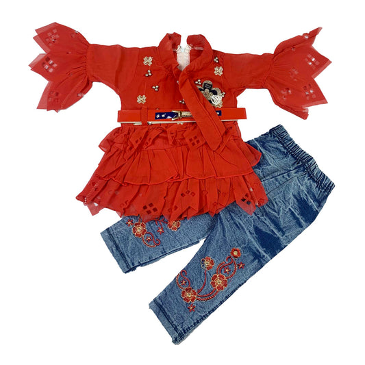 Stylish Mehndi & Red and Silver Embroidered Party Frock with Jeans for Baby Girls