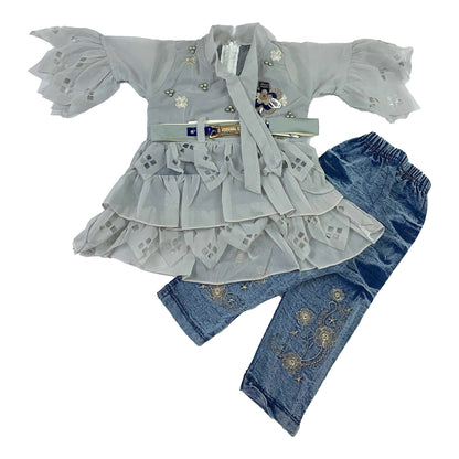 Stylish Mehndi & Red and Silver Embroidered Party Frock with Jeans for Baby Girls