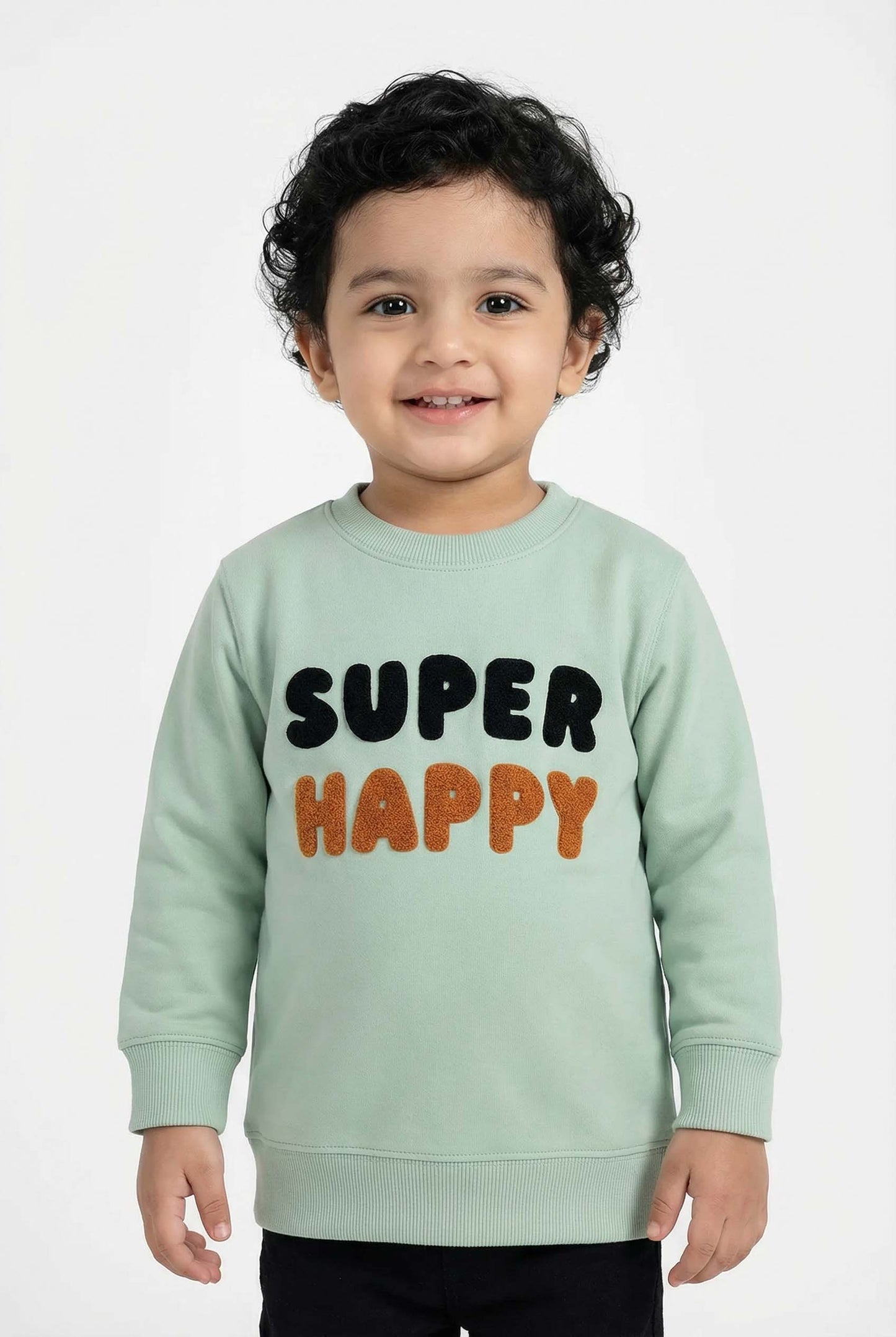 Kids “Super Happy” Unisex Sweatshirt – Soft PISTA Green