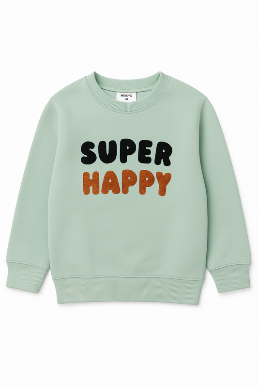 Kids “Super Happy” Unisex Sweatshirt – Soft PISTA Green