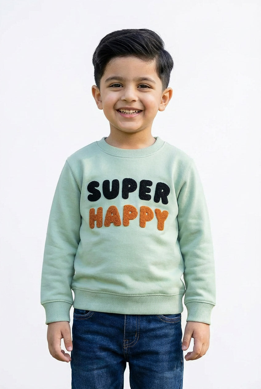 Kids “Super Happy” Unisex Sweatshirt – Soft Mint Green