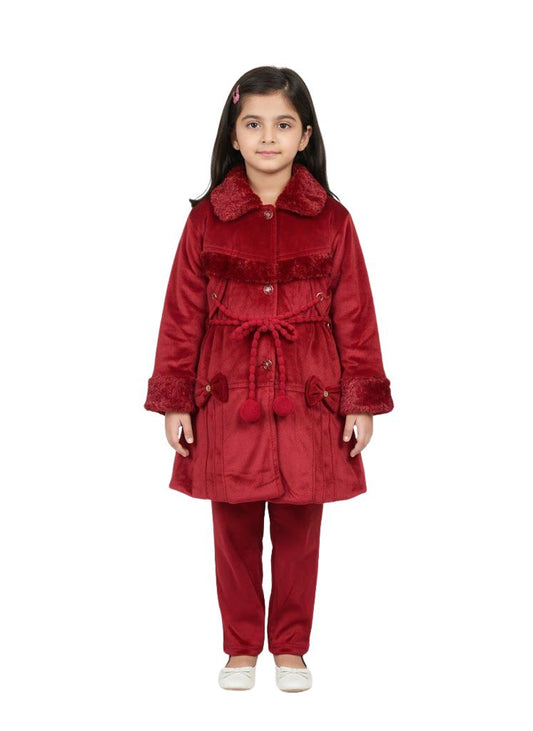 Maroon Velvet Girls Winter Suit | Soft & Warm Party Wear Set