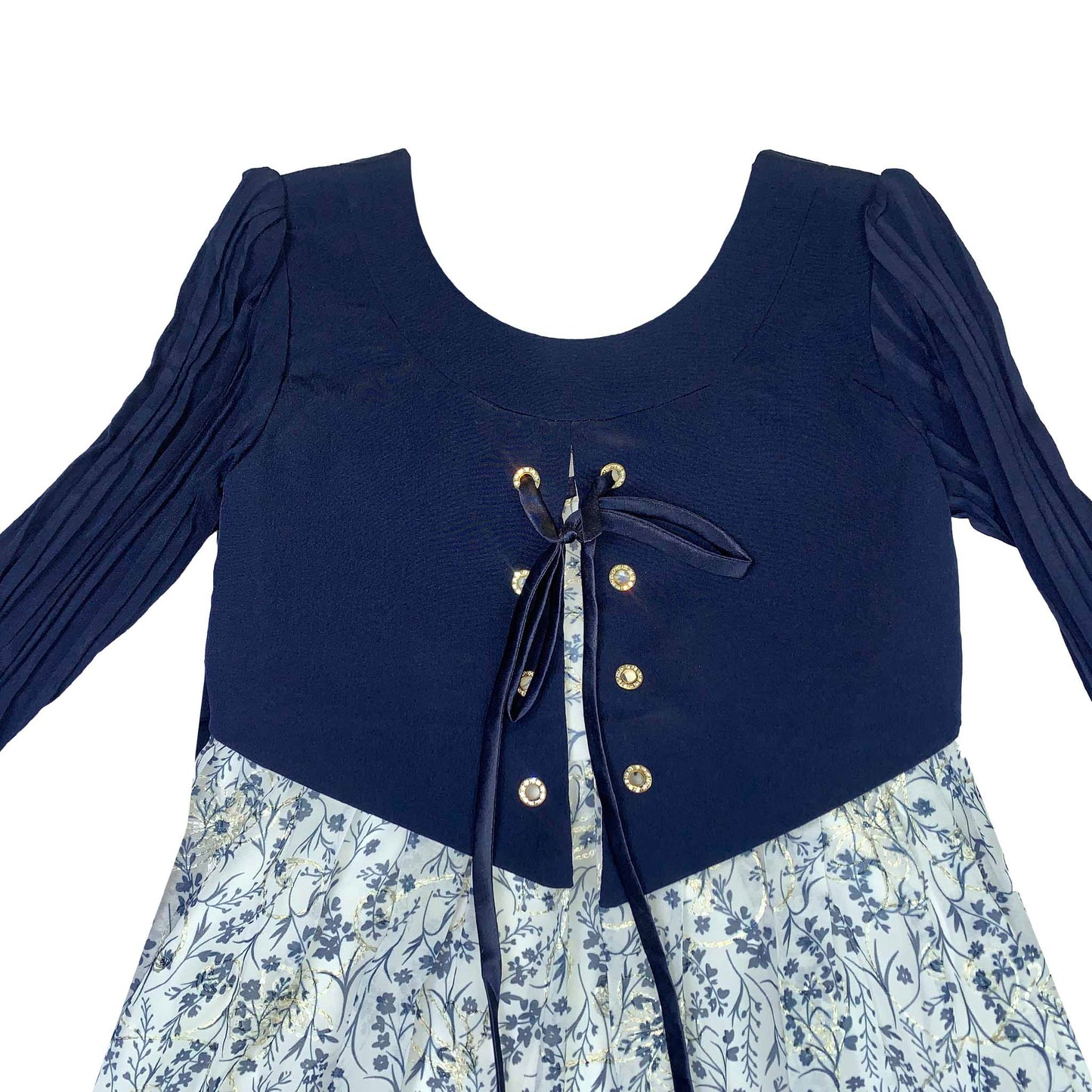 White & Blue Embroidered Party Frock for Girls