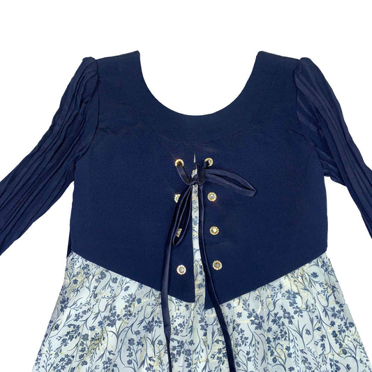 White & Blue Embroidered Party Frock for Girls