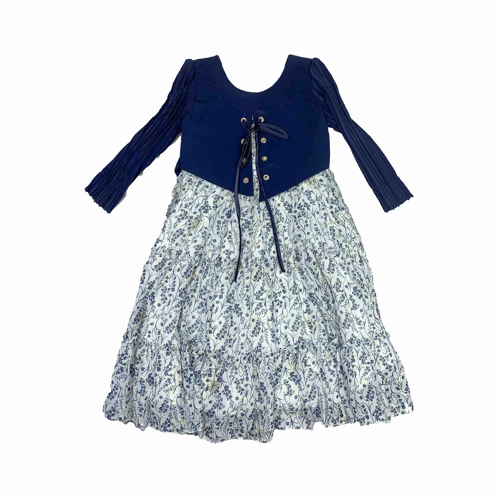 White & Blue Embroidered Party Frock for Girls