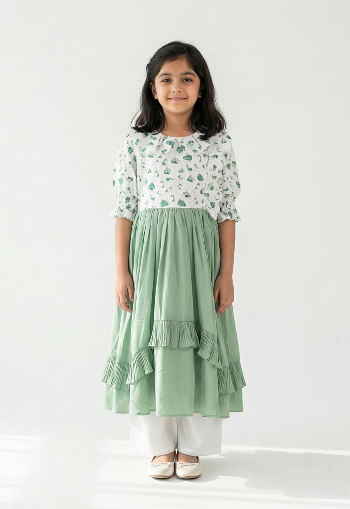 White & Light Green Floral Frock for Girls
