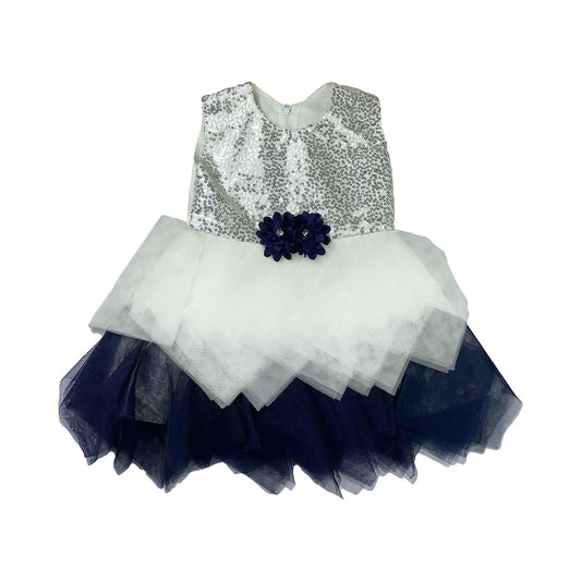 White & Navy Blue Frock with Sequin Work for Girls